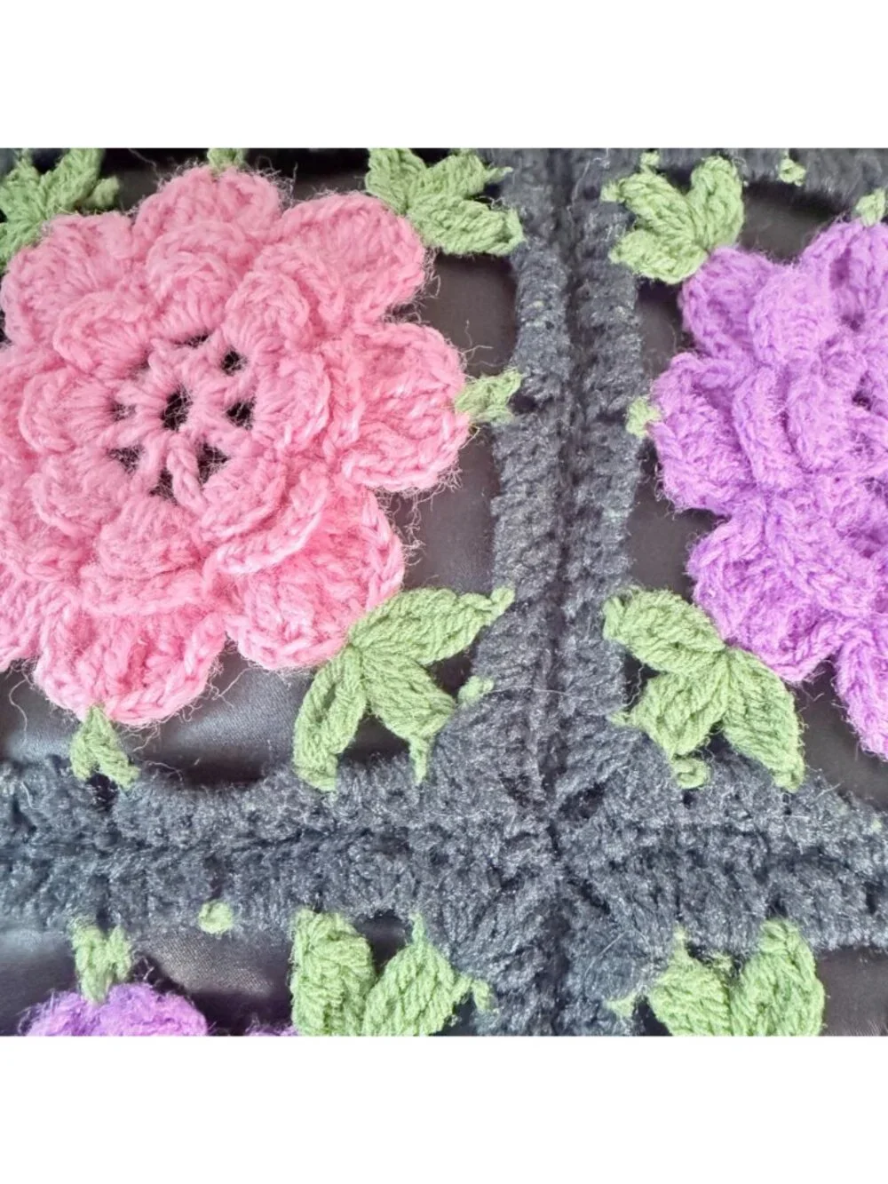Handmade Crochet 3D Floral Granny Square Throw Pillow Purple Pink Black 16x16